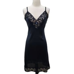 Vintage Sliperfection Black Lace Nylon Chemise Slip Dress Lingerie Size S/M